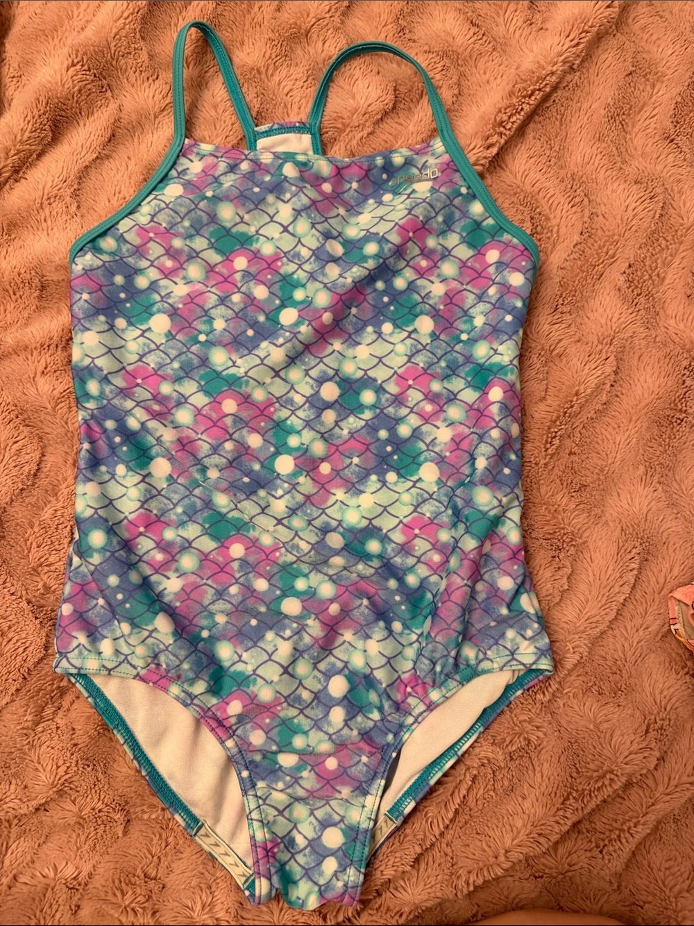 Speedo Girls Mermaid Scale One-Piece Swimsuit - Teal Trim, Purple & Turquoise